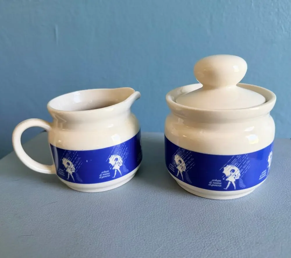 Vintage Morton Salt When It Rains It Pours Creamer Sugar Set Umbrella Girl